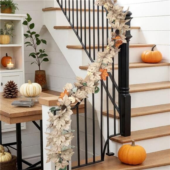 Fall Leaves Garland with Lights for Mantle Decor, 6 Ft Neutral Fall Ear Maple - Picture 2 of 7